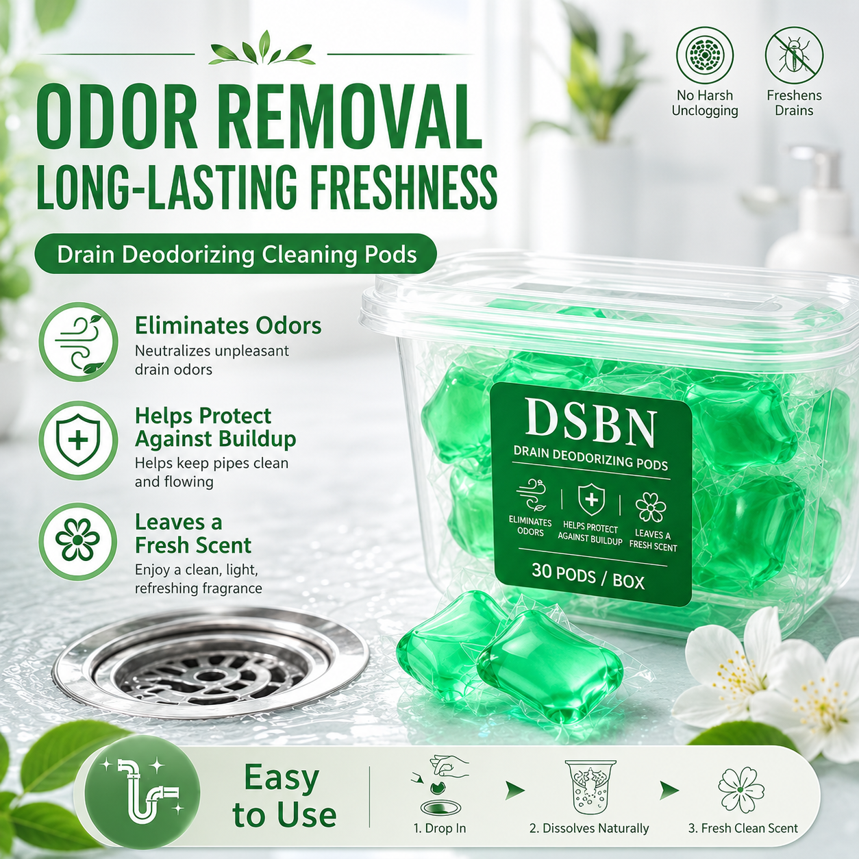 Drain Deodorizing Cleaning Pods – Fresh Scent Gel Capsules for Bathroom, Kitchen & Laundry Drains - JT4