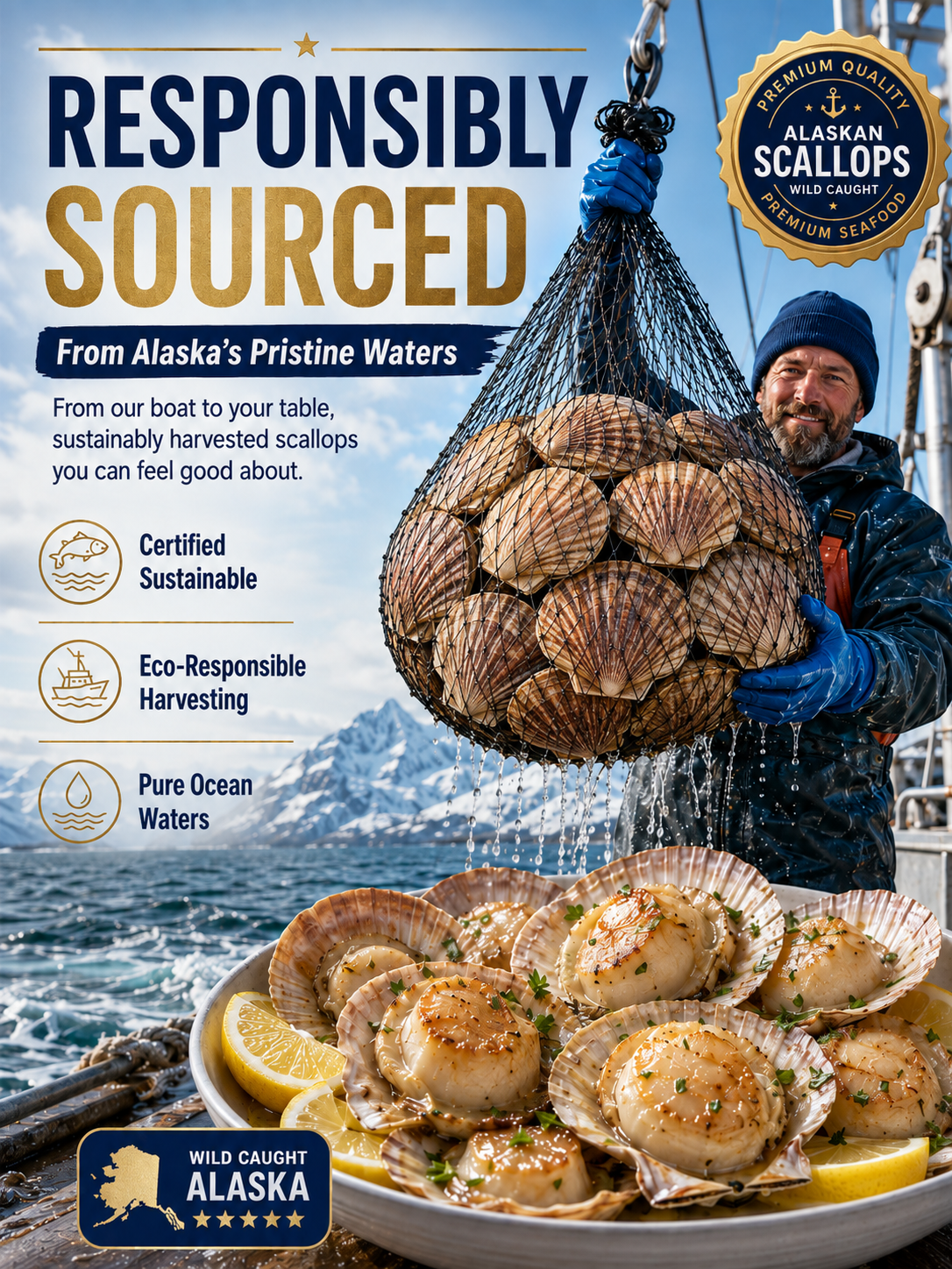 🐚 Wild-Caught Alaskan Scallops – Tender, Juicy & Ready to Eat ✨-JT2