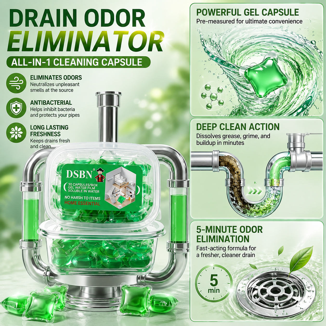 Drain Deodorizing Cleaning Pods – Fresh Scent Gel Capsules for Bathroom, Kitchen & Laundry Drains - JT4