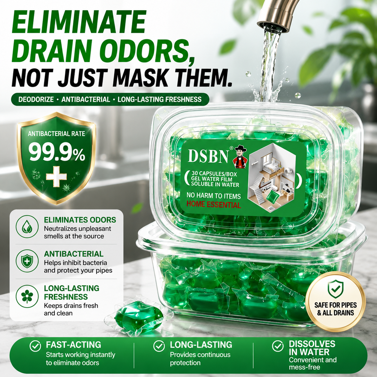 Drain Deodorizing Cleaning Pods – Fresh Scent Gel Capsules for Bathroom, Kitchen & Laundry Drains - JT4